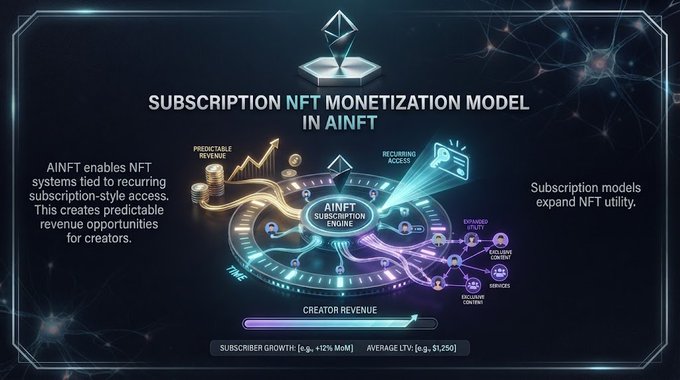 An infographic titled 'SUBSCRIPTION NFT MONETIZATION MODEL IN AINFT' showing a futuristic dashboard with elements labeled 'PREDICTABLE REVENUE', 'RECURRING ACCESS', 'EXPANDED UTILITY', 'EXCLUSIVE CONTENT', 'SERVICES', and 'AIINFT SUBSCRIPTION ENGINE', with metrics for 'SUBSCRIBER GROWTH (e.g., +12% MoM)' and 'AVERAGE LTV (e.g., $1,250)'.
