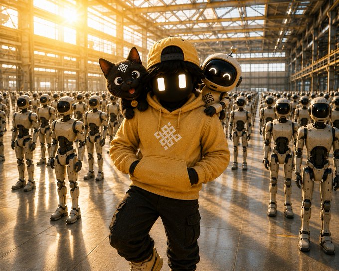 A figure in a yellow hoodie stands among rows of humanoid robots in a sunlit warehouse, with a black cat and small robot companion perched on their shoulders.