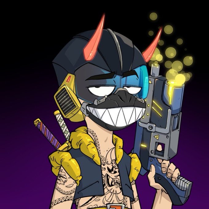 A cartoon illustration of a cyberpunk-style character with red horns, glowing blue visor, yellow gloves, and tattoos, holding a large futuristic gun against a dark purple background.