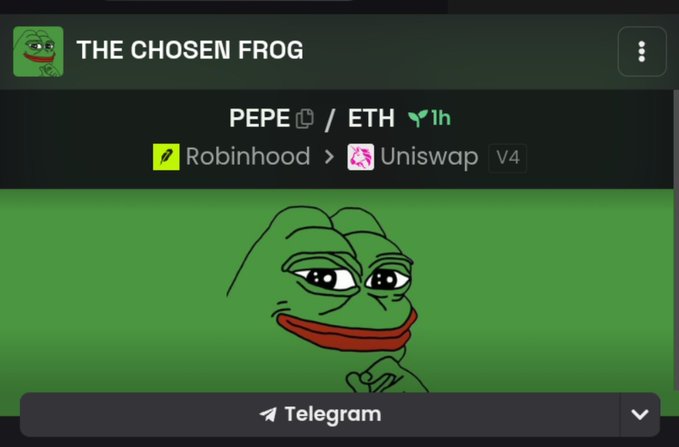 The image shows a Telegram channel preview for "THE CHOSEN FROG" featuring a Pepe meme character and listing PEPE/ETH on Uniswap V4 via Robinhood. It visually promotes the meme token "$PEPE" discussed in the post, displaying the trading pair, DEX, and chain details alongside the frog mascot.
