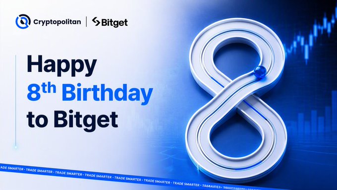 A promotional graphic celebrating 'Happy 8th Birthday to Bitget' featuring the Cryptopolitan and Bitget logos alongside a large metallic number 8.