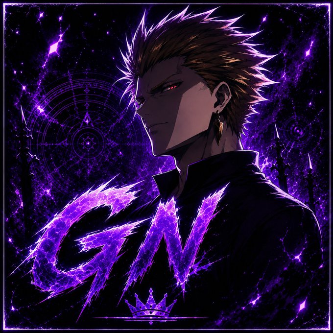 A striking anime-style digital artwork featuring a spiky-haired character with red eyes surrounded by purple energy, with the word 'GAY' stylized in glowing purple text across the image.