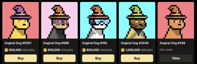 The image shows a marketplace listing for five "Doginal Dogs" NFTs (#9301, #986, #165, #3449, and #246), with the first four priced at 800,000 or 1,000,000 DOGE and the last one unlisted, illustrating the "wizard floor" price of 800,000 DOGE mentioned in the congratulatory post.