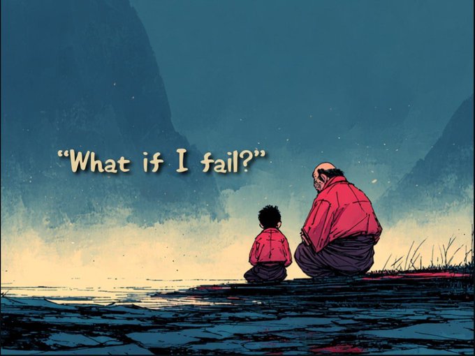 A small child asks their mentor, "What if I fail?" while sitting together on a cracked shore under a starry sky—mirroring the post's anxious uncertainty about CT's downturn, with the elder's presence suggesting that whatever happens, guidance and resilience remain.
