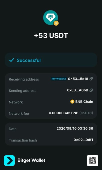 A Bitget Wallet transaction confirmation screen showing a successful transfer of +53 USDT via BNB Chain, dated 2026/09/16 03:36:36, with receiving address 0x53...5c18 and network fee of 0.00000345 BNB.