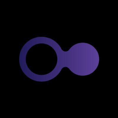 A minimalist logo on a black background featuring two connected circles in purple/blue gradient, resembling an infinity or link symbol.