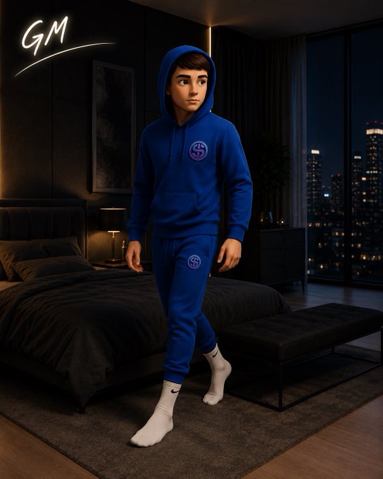 The image features a young man wearing a blue hoodie, white socks, and white sneakers walking into a bedroom with a bed and nightstand nearby. The room has a window that looks out onto a city skyline at night, creating an urban atmosphere. The caption of the image reads "good morning legends hungry for success so I showed up today may today bring goodness to us wish y’all a successful day".