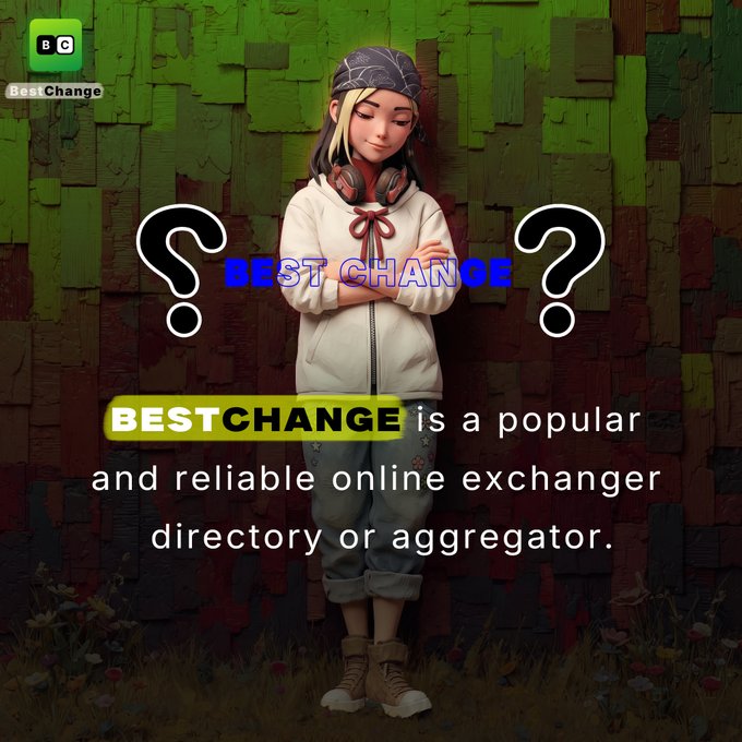 An image featuring an illustrated character with the 'BestChange' logo, describing it as 'a popular and reliable online exchanger directory or aggregator' flanked by two large question marks.