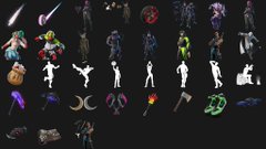 A pixel-art sprite sheet displays multiple character variations and animation frames, including figures in colorful outfits and poses against a black background.