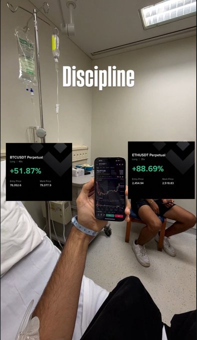 A person lies in a hospital bed with an IV drip while holding a smartphone displaying a crypto trading chart, with overlays showing BTCUSDT Perpetual +51.87% and ETHUSDT Perpetual +88.69% gains. The "Discipline" caption highlights the trader's dedication, as they reportedly made $40K on their perpetual account despite being hospitalized all week.