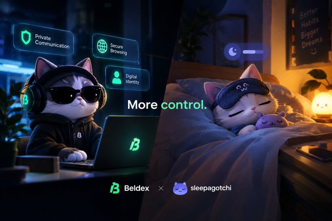 A Beldex x Sleepagotchi advertisement featuring illustrated cats wearing sunglasses and headsets, promoting features like Private Communication, Secure Browsing, and Digital Identity with the tagline 'More control.'