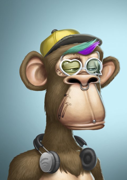 The image features a cartoon monkey wearing headphones and glasses with a heart-shaped earring. The monkey appears to be bored and is looking directly at the camera. The background of the image is blue, which complements the overall color scheme of the cartoon character.