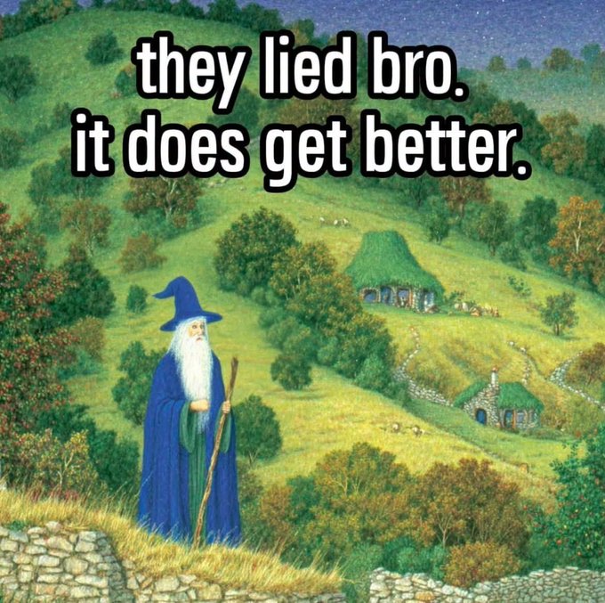The image shows a classic Tolkien-style painting of Gandalf standing in a green, rolling landscape with hobbit holes in the background, overlaid with the meme text "they lied bro. it does get better." The post's reference to "brace for futures open" relates to the meme's theme of misplaced reassurance—both poke fun at promises of recovery, whether personal struggles or market downturns, suggesting that rosy predictions often don't match reality.
