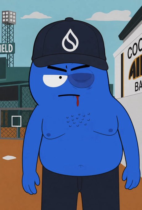 A cartoon illustration of a blue character wearing a black cap with a flame logo, depicted with a bruised eye and bloody nose in a South Park-style art.