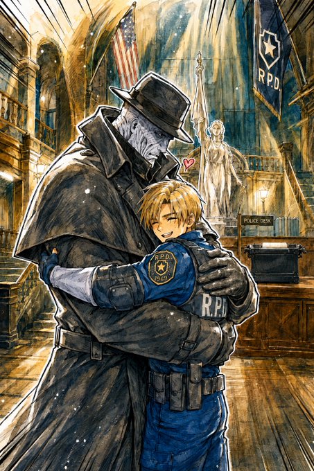 A watercolor-style illustration from the Resident Evil series showing the characters Mr. X and Leon S. Kennedy embracing in an R.P.D. (Raccoon Police Department) station.