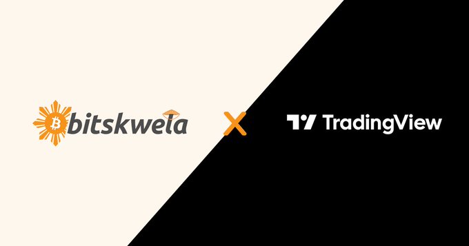 The image shows the Bitskwela and TradingView logos separated by an "x" symbol on a diagonally split black and white background, visually representing the partnership announcement. This graphic symbolizes Bitskwela's collaboration with TradingView to deliver accessible trading education through joint courses focused on charting and technical analysis.