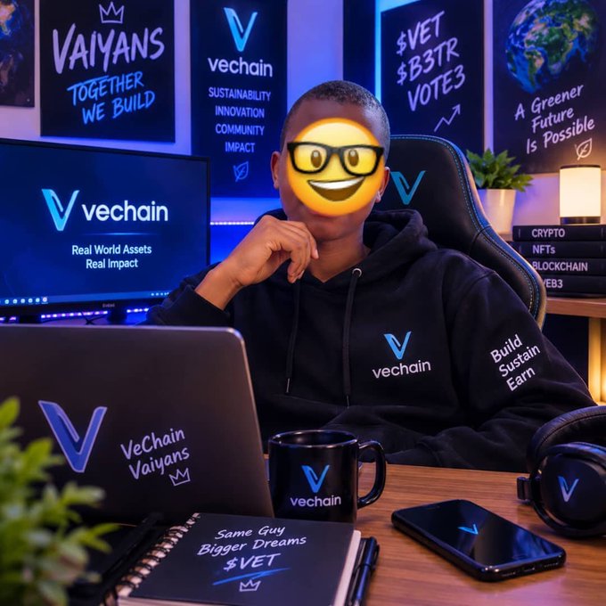 A promotional image for VeChain showing a person wearing a hoodie with their face obscured by a nerd emoji, surrounded by VeChain branding and crypto-related slogans like 'VAIYANS TOGETHER WE BUILD' and '$VET $B3TR $VOTE3'.