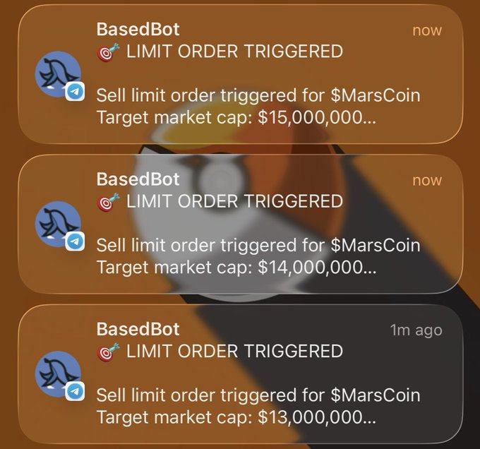 Three stacked Telegram notifications from 'BasedBot' announcing triggered sell limit orders for '$MarsCoin' at target market caps of $13,000,000, $14,000,000, and $15,000,000.