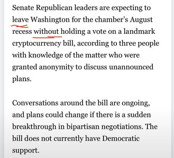 The image shows a news excerpt stating that Senate Republican leaders expect to leave Washington for August recess without holding a vote on a landmark cryptocurrency bill, with no current Democratic support, aligning with the post about the U.S. Senate postponing the crypto Clarity Act vote to September.