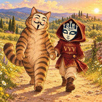 A whimsical illustration showing a V for Vendetta-masked character in a red hooded robe holding hands with a Guy Fawkes cat as they walk down a sunny country path.
