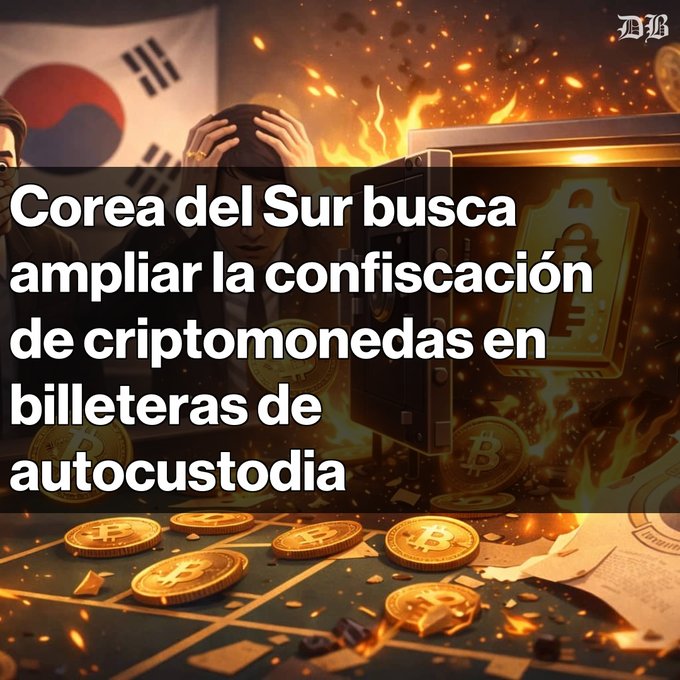 A news graphic in Spanish with the headline 'Corea del Sur busca ampliar la confiscación de criptomonedas en billeteras de autocustodia' overlaid on an illustration featuring the South Korean flag, a distressed figure, a safe, Bitcoin coins, and flames.