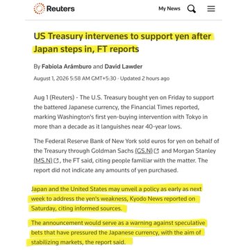 A screenshot of a Reuters news article titled "US Treasury intervenes to support yen after Japan steps in, FT reports" dated August 1, 2020, with a key paragraph highlighted in yellow.
