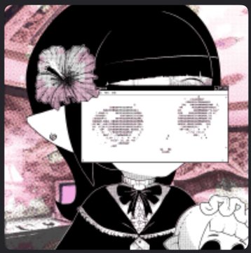 A stylized character illustration featuring a girl with dark hair, a pink flower hair accessory, and a black bow, holding up a white sign that displays a pixelated "BDSM" text against a pink-toned background.