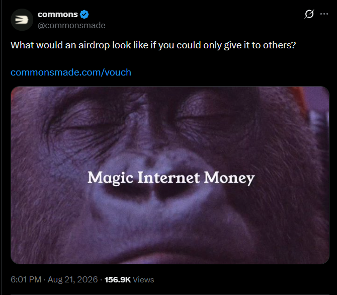 A tweet from @commonsmade asks "What would an airdrop look like if you could only give it to others?" with a link to commonsmade.com/vouch, featuring an image of a sleeping gorilla overlaid with the text "Magic Internet Money." The accompanying post promotes this as a limited social experiment offering an airdrop to the first 1,000 people who complete offchain tasks and connect their X profile.