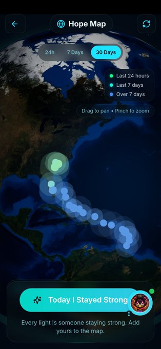 A "HOPE MAP" interface showing a world map with a trail of blue and green glowing dots, likely representing hurricanes, with time filter options ("24h," "7 Days," "30 Days") and a prompt saying "Today I Stayed Strong."