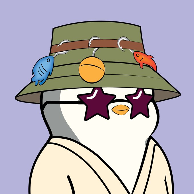 A cartoon penguin character wearing a green bucket hat with fish decorations and star-shaped purple sunglasses, set against a purple background.