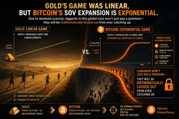 An infographic comparing gold's linear supply growth to Bitcoin's exponential S-curve adoption, with headlines 'GOLD'S GAME WAS LINEAR, BUT BITCOIN'S SOV EXPANSION IS EXPONENTIAL' and Bitcoin stats: '21 MILLION ABSOLUTE LIMIT,' 'STOCK-TO-FLOW: ~100+ AND RISING,' and hashtags #Bitcoin #GameTheory.