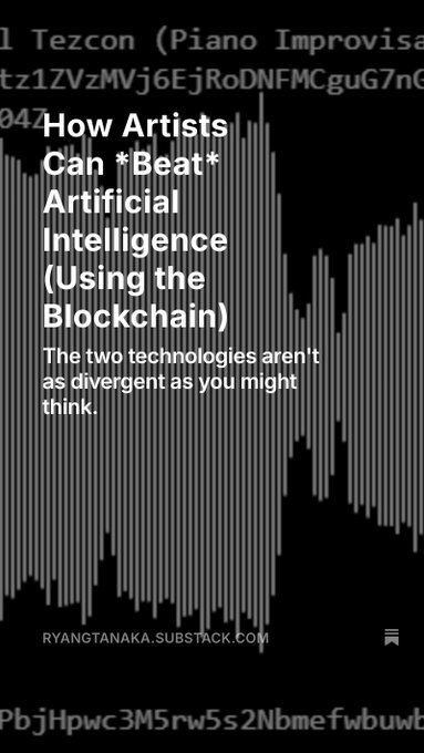 An article titled "How Artists Can *Beat* Artificial Intelligence (Using the Blockchain)" with the subtitle "The two technologies aren't as divergent as you might think." The image relates to the post about NFT artists earning money through micro-licensing their works, as both discuss how blockchain technology can be used to protect and monetize artists' content in the age of AI.