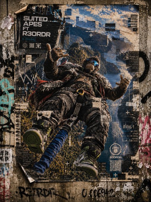 A stylized poster showing a futuristic character in tactical gear and a gas mask floating against a mountainous backdrop, with text reading "SUITED APES FT R3ORDR" and other technical data overlaid on a graffiti-covered wall.