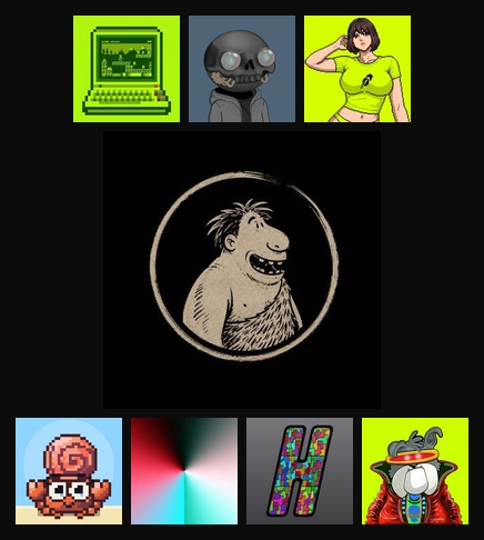 A grid featuring a central sketch of a smiling prehistoric character surrounded by smaller images including a computer, a skull-headed figure, a woman saluting, a pixel character, a colorful spectrum, an 'H' letter, and a figure with a snake hat.