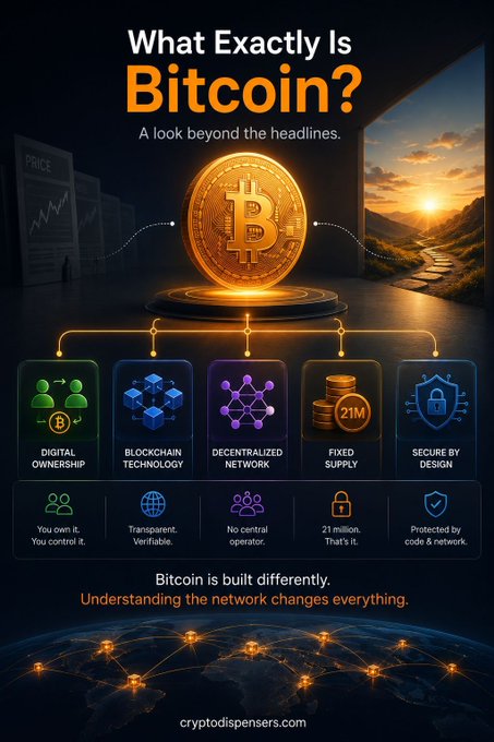 The image features an illustration of a coin with a sunset scene in the background. The text above the coin reads "What Exactly Is Bitcoin? A look beyond the headlines. Bitcoin combines Digital ownership: A way to send and receive value through a peer-to-peer". This statement is related to the coin featured on the poster, as it represents one of its core features - digital currency that allows for peer-to-peer transactions without the need for banks or other centralized financial institutions.