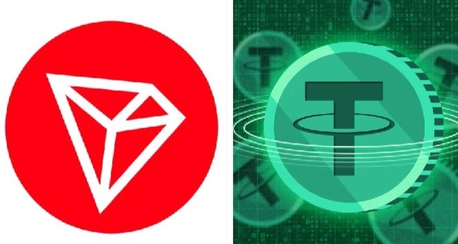 The image shows the TRON logo (red and white) alongside the Tether (USDT) logo (green and black) on a digital background, visually representing the partnership between the TRON blockchain and the Tether stablecoin highlighted in the post about TRON's growing dominance in stablecoin transactions.