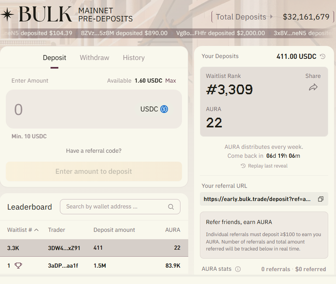 A screenshot of a computer screen displaying a bulk trade on a cryptocurrency trading platform like @bulktrade. It seems that someone has already deposited 411 USDC into their account and is earning AURA for their deposit history. The person is at least 11k in value, making it an attractive opportunity to participate in the market. The current time displayed is 4:25 pm.