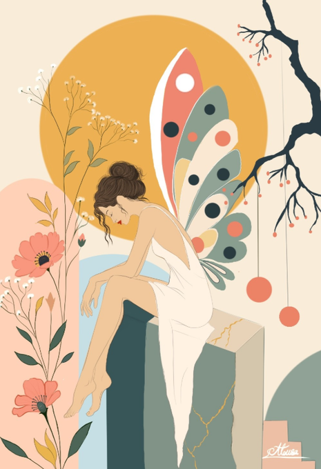 Stylized digital illustration of a melancholic fairy-like woman with butterfly wings sitting on a pedestal, surrounded by flowers and a bare tree, signed 'Altuna' in the corner.
