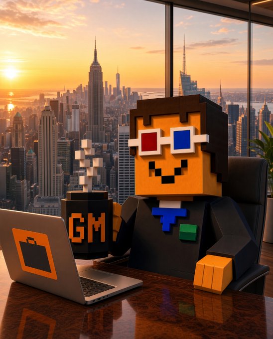 A pixelated figure in a suit and glasses holds an orange 'GM' mug while working on a laptop, overlooking a city skyline at sunset.