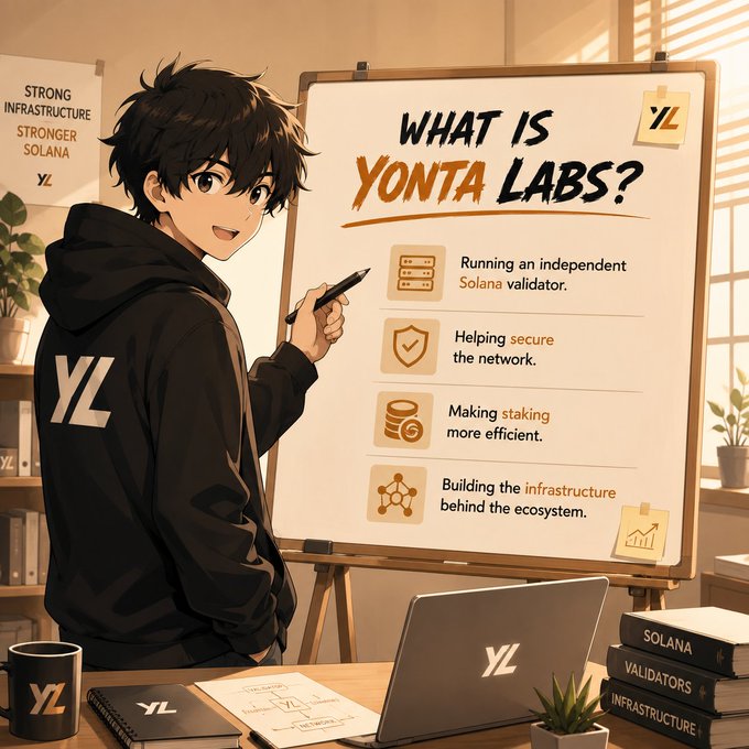 An anime-style illustration of a young man wearing a black "YL" hoodie standing in front of a whiteboard titled "WHAT IS YONTA LABS?", which lists points about running an independent Solana validator, securing the network, and building infrastructure.