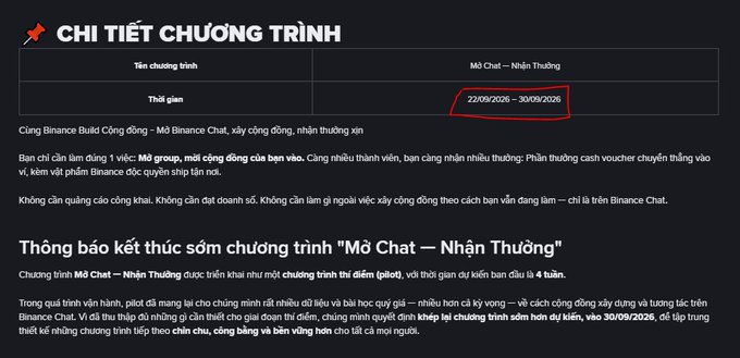A Vietnamese promotional announcement for a Binance program titled 'CHI TIẾT CHƯƠNG TRÌNH' with the timeframe '22/09/2026 - 30/09/2026' highlighted in a red box, including a section notifying users of the early end of the 'Mở Chat — Nhận Thưởng' program.