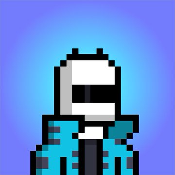 A pixel art depiction of a character with white hair and dark sunglasses wearing a blue suit jacket, set against a blue gradient background.
