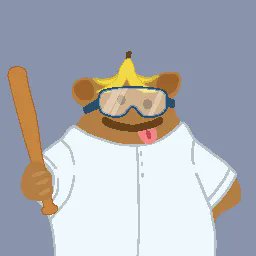 A cartoon bear character with sunglasses, a pink tongue sticking out, and a banana on its head holds a wooden bat while wearing a white shirt.