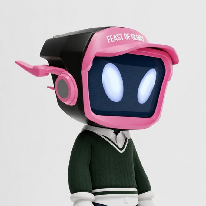 3D rendered robot character with a pink and black headset labeled 'FEAST OF GLORY', glowing white eyes, and a green sweater.