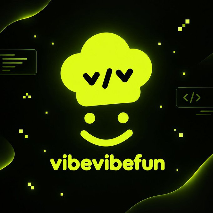 A digital logo featuring a neon green smiley face wearing a chef's hat with a 'v/v' monogram, with the text 'vibevibefun' displayed below on a black background.