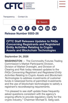 A CFTC (Commodity Futures Trading Commission) press release titled 'CFTC Staff Releases Updates to FAQs Concerning Registrants and Registered Entity Activities Relating to Crypto Assets and Blockchain Technologies', dated September 24, 2026.