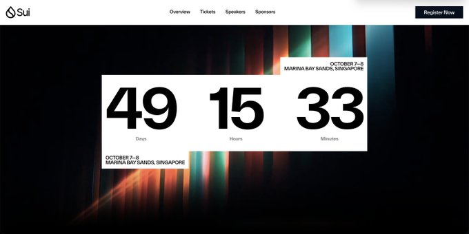 A countdown clock for the Sui Basecamp event shows 49 days, 15 hours, and 33 minutes remaining until the conference takes place on October 7-8 at Marina Bay Sands, Singapore, reinforcing the post's message that the event is less than 50 days away.