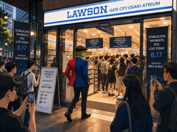 A crowd gathers at a Lawson convenience store entrance at Gate City Osaki Atrium, where banners advertise a "Stablecoin Payments" event starting at 8:17, with one man in a red jacket walking into the store—illustrating the post's description of a successful on-site stablecoin payment pilot using JPYC.