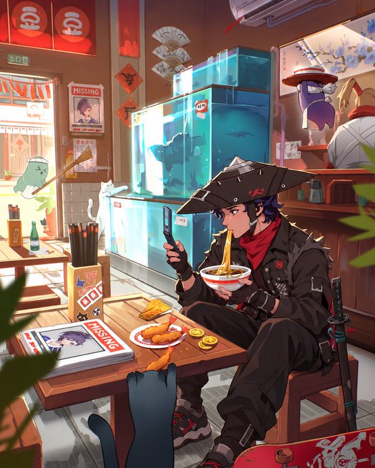 A stylish anime-style character in a dark coat and wide-brimmed hat sits at a noodle shop with a cat on his lap, eating ramen and scrolling on his phone, with "MISSING" posters and a large fish tank in the background. The image humorously suggests the urgency of checking the $AXIS airdrop announcement on his phone before tomorrow's 15:00 (Turkish time) snapshot deadline.