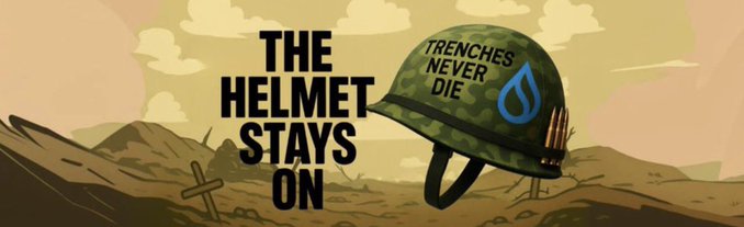 The image features a camouflage military helmet with "TRENCHES NEVER DIE" written on it, alongside bold text reading "THE HELMET STAYS ON," set against a trench warfare battlefield backdrop—visually reinforcing the post's message of steadfast support for the $helmet token on the Sui network and its new community social channels.